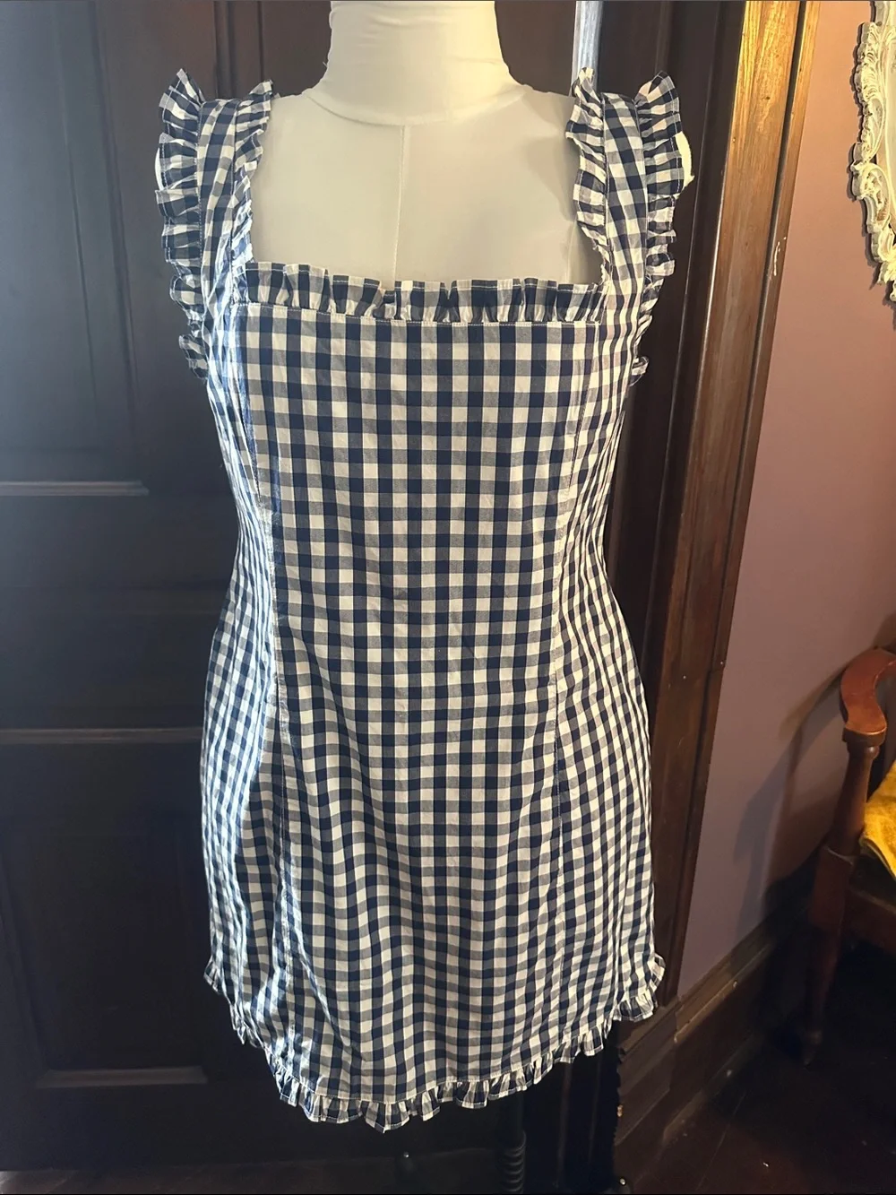 J. Crew Navy & White Gingham Ruffle Strap Sundress